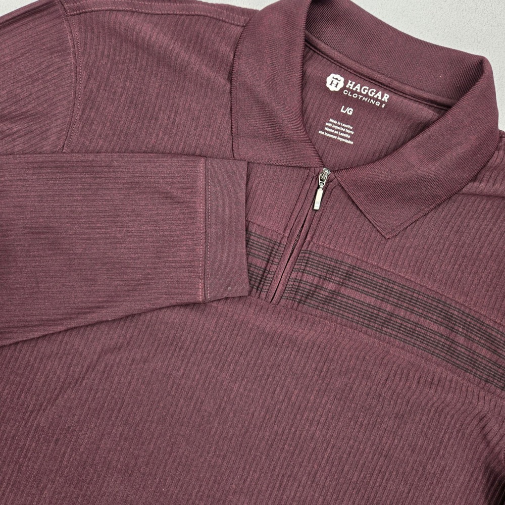 Haggar Mens Large Quarter Zip Polo Ribbed Burgundy Business Casual 3991